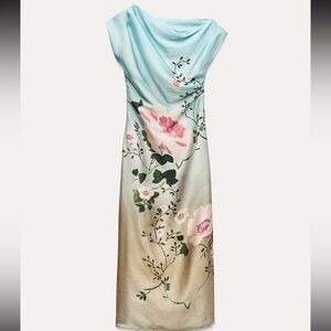 As seen on red carpet! Zara SATIN EFFECT ASYMMETRIC FLORAL MIDI / MAXI DRESS XS